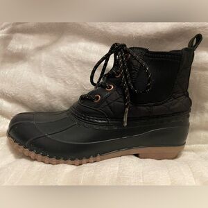 Black Quilted Duck Boot with Tan Sole